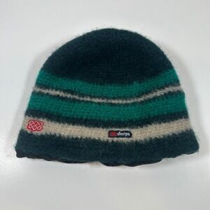 Sherpa Striped Wool Beanie Hat Green Tan One Size Made in Nepal